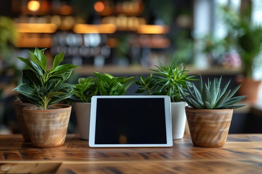 A white tablet computer sits on a wooden table in a coffee shop. The tablet is surrounded by potted plants, including a green leafy plant, a succulent, and another small potted plant. The background of the image is blurry, showcasing the interior of the coffee shop, with shelves and other plants visible.