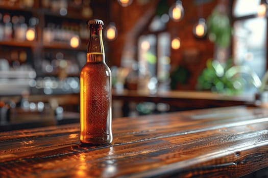 A single bottle of beer stands alone on a wooden bar counter in a dimly lit pub setting. The bottle is chilled and condensation forms on its surface. The background features a blurred view of the bar shelves and a green plant, creating an inviting and cozy atmosphere.