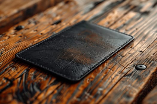 This image showcases a black leather wallet, crafted with a textured finish, lying on a rustic wooden table. The wallets simple design and the natural wood grain provide a visually appealing contrast, highlighting the quality and craftsmanship of the leather.