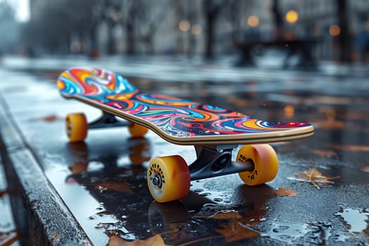 A brightly colored skateboard rests on a wet concrete sidewalk in an urban setting. The board features a vibrant abstract design with swirling colors, and its yellow wheels stand out against the gray pavement. The background is blurred, showcasing a cityscape with trees and streetlights.