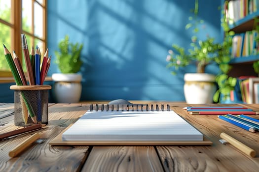 A blank, open notebook sits on a wooden desk with colored pencils in a wire basket to the left and a few stray pencils on the desk. There are two potted plants, one in the foreground and one in the background, and a bookcase in the background. The room is bathed in sunlight, creating shadows on the blue wall.