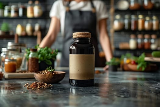 A close-up image of a brown glass bottle with a cork top, sitting on a kitchen counter with scattered spices around it. The bottle has a blank label. In the background, a person wearing an apron is out of focus, suggesting a culinary setting.