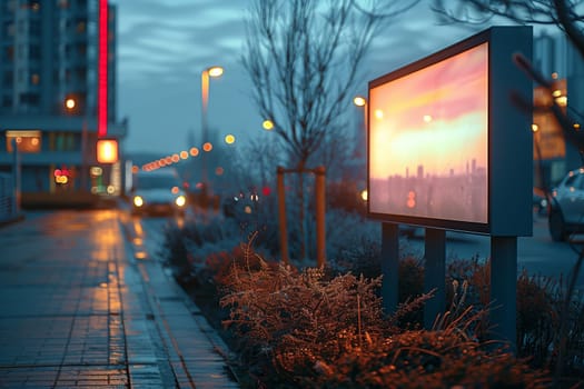 An illuminated billboard stands on a city street, displaying a vibrant image of a cityscape at sunset. The street is paved with brick and is illuminated by streetlights, casting a warm glow on the sidewalk. A small bush grows in the foreground, adding a touch of greenery to the scene. The building in the background is blurred and out of focus, creating a sense of depth and perspective.