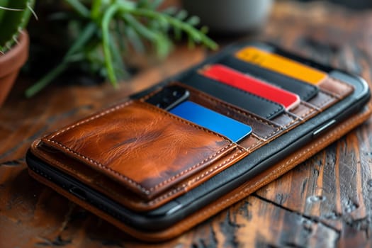 A close-up image of a brown leather phone wallet with credit cards inserted. The wallet is sitting on a wooden table with a green plant in the background. The image showcases the wallets texture and design.