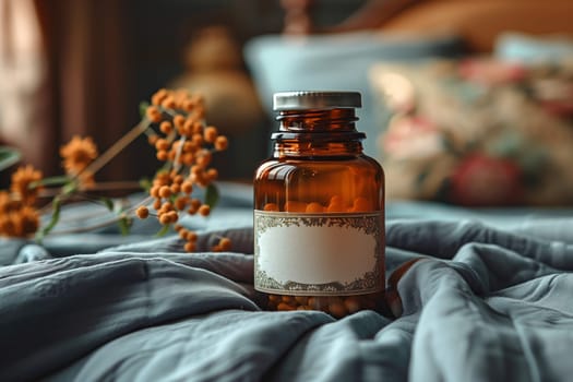 A close-up shot of an amber glass bottle with a white label and a silver lid, filled with pills, resting on a blue fabric. Dried orange berries on a twig are out of focus in the background.