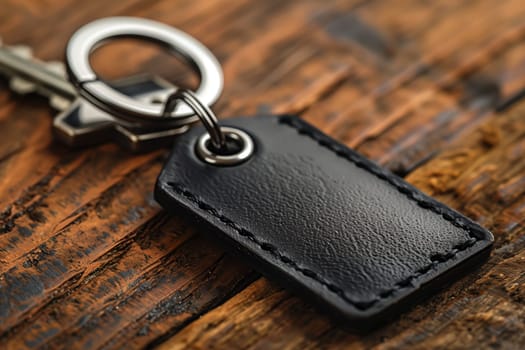 This image shows a close-up of a black leather keychain with a silver metal ring and key attached. The keychain is resting on a weathered, rustic wooden surface, highlighting the texture of both the leather and the wood.