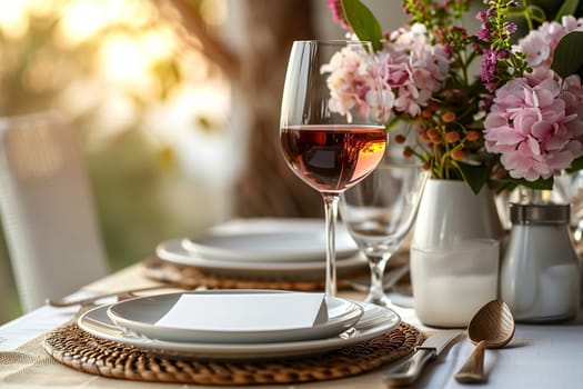 A close-up shot of a beautifully set table with white plates and a wine glass filled with red wine. A vase of pink flowers adds a touch of romance to the scene. The table is set for a special dinner, with a warm, inviting atmosphere.