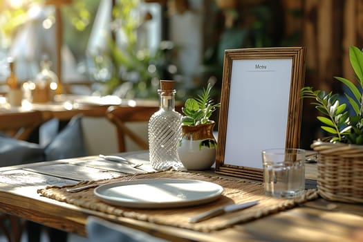A rustic wooden table set for dining at an outdoor restaurant. The table features a white plate, silverware, a menu board, a glass of water, and decorative plants. Sunlight streams through the surrounding greenery, creating a warm and inviting atmosphere.