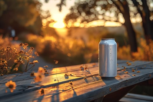 A single aluminum can sits on a wooden picnic table in the evening with the sunset casting a warm glow over the scene. The background is blurry and features trees and grass, creating a sense of tranquility.