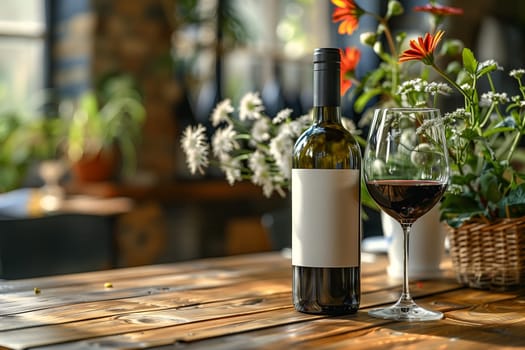A bottle of red wine with a blank label sits on a wooden table next to a glass of red wine. The table is set with a white tablecloth and there is a bouquet of flowers in a wicker basket in the background. The image is captured from a low angle, giving the viewer a clear view of the wine bottle and glass.