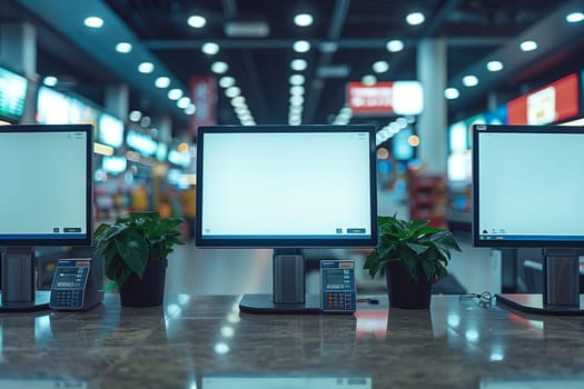 The image shows three computers with blank screens at a modern retail counter. The computers are set up for customers to use. They are likely used for self-checkout or order taking. The computers are placed on a shiny, marble counter and are surrounded by plants. The background is a blurred image of a modern retail store with bright lights.