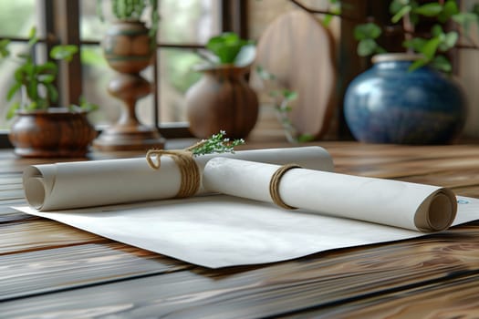A close-up image of two rolled papers tied with twine on a wooden table near a window with blurred potted plants in the background. The papers are resting on a white sheet of paper, and the natural light from the window creates a soft glow.