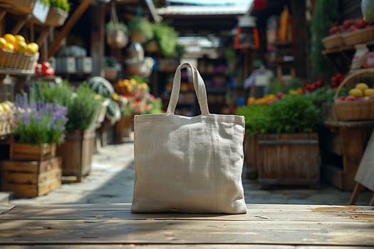 A plain, white cotton tote bag rests on a wooden table in a farmers market setting. The bag is positioned in the foreground, while the market stalls are blurred out in the background, creating a sense of depth and perspective. The market stalls are filled with fresh produce and greenery, suggesting a bustling and lively atmosphere.