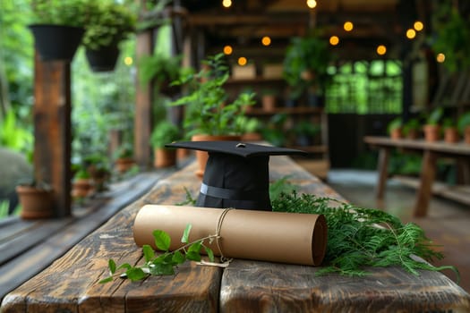 A black graduation cap sits atop a rolled-up diploma on a wooden table. Green foliage surrounds the cap and diploma, suggesting a garden or outdoor setting. The background features a blurred view of lush greenery and a rustic wooden structure. The image symbolizes the achievement of completing education and the joy of celebrating this milestone.