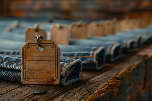 A close-up shot of a wooden tag with a metal ring hanging on the edge of a wooden surface. The tag has a blank space for writing and is positioned on top of denim jeans that are neatly rolled and stacked on the surface.