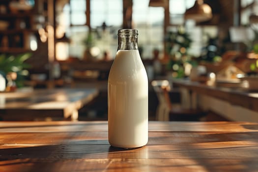 A glass bottle of milk sits on a wooden table in a cafe. The bottle is full of milk and is lit by the warm light of the sun streaming in through the windows. The cafe is busy with people, but the bottle is the focus of the image.