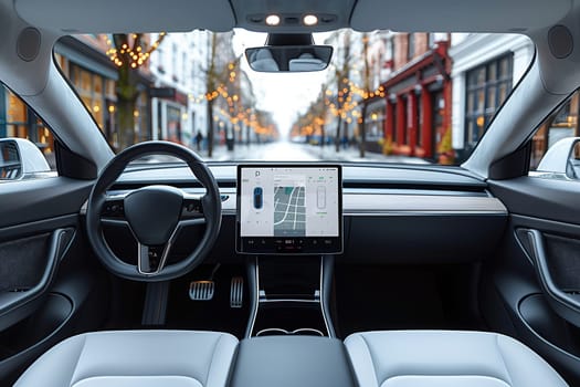 This image shows the interior of a modern car with a large touchscreen navigation system. The car is parked on a city street, and the screen displays a map of the surrounding area. The steering wheel, dashboard, and seats are all visible in the image, giving a clear view of the cars interior design.