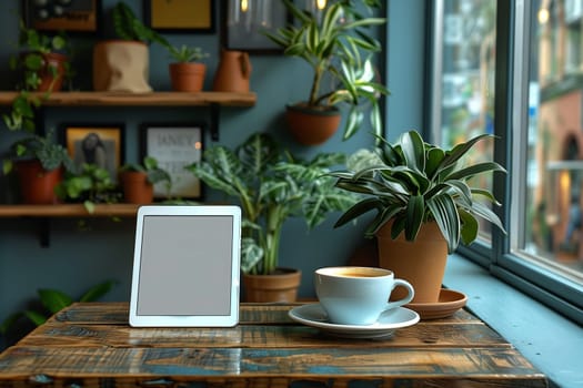 A white tablet rests on a wooden table in a cafe, accompanied by a cup of coffee. The scene is filled with potted plants, adding a touch of nature to the cozy atmosphere. A window with a view of the street outside provides natural light and a glimpse of the city.
