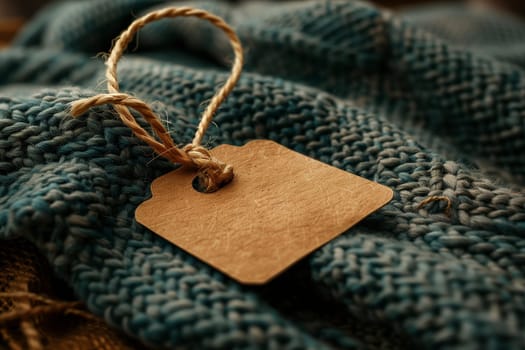 A close-up image of a blank, brown tag tied with twine resting on a piece of blue knitted fabric. The tag is in focus, while the fabric is slightly blurred in the background. The image is taken from a low angle, giving the viewer a clear view of the tag and its details.