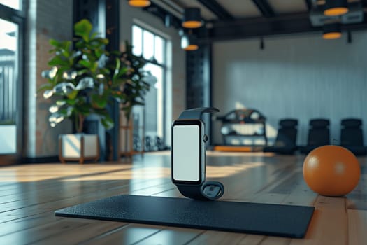 A black smartwatch with a blank screen sits upright on a black yoga mat in a modern fitness studio. The mat rests on a wooden floor, and an orange exercise ball is visible in the background. Large windows let in natural light, and a potted plant is visible in the foreground.