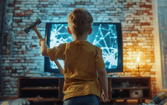 Back turned, a toddler raises a toy hammer against a TV screen showing a vivid destruction scene. The playful imagination merges with digital graphics, creating a scene of mock havoc