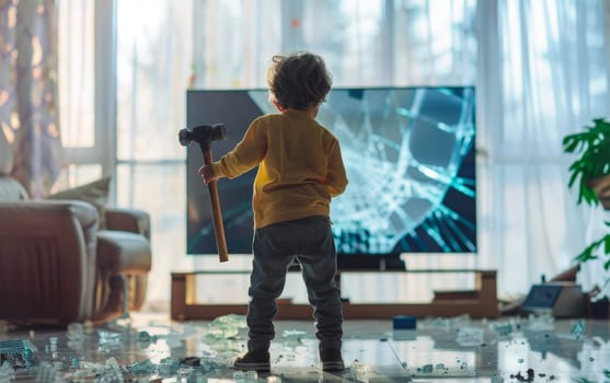 A young child stands heroically in a room scattered with toys, facing a TV with a dynamic shattered screen image. It's a blend of real mess and digital drama, suggesting playful heroism
