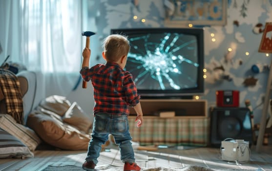 A small boy with a toy hammer seems to interact with a television screen displaying a convincing broken screen image, blending play with digital artistry