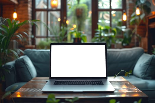 A laptop computer sits open on a wooden table in a coffee shop. The laptop screen is blank, providing a perfect opportunity for a mock-up or advertisement. The background is blurred, showcasing greenery and warm lighting.