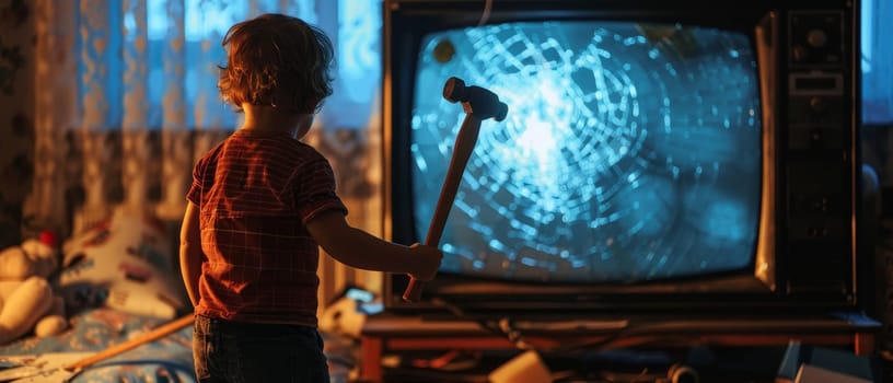 In the glow of sunset, a child holding a hammer faces a broken TV. The image captures the contrasting innocence and the potential for mischief at twilight