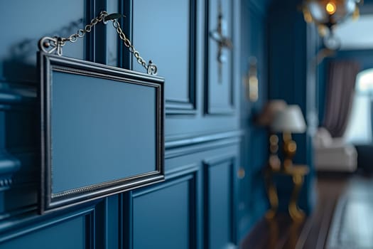 A close-up image of a black framed sign hanging on a blue wall with decorative molding. The sign is blank and has a chain attached to it. The sign is hanging on the left side of the image, and the background is blurred.