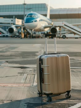 As the day begins to wane, a suitcase stands on the tarmac, basking in the golden hour, while a plane prepares for its voyage in the backdrop. The scene is a blend of calm before the bustle of travel