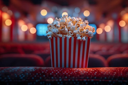 A red and white striped popcorn bucket sits on a red seat in an empty movie theater. The popcorn is piled high in the bucket, and the lights of the theater are blurred in the background.