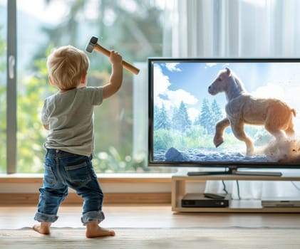A young child with a hammer seems to interact with a life-like image of a frolicking lamb on the television, illustrating the playful innocence and boundless imagination of youth