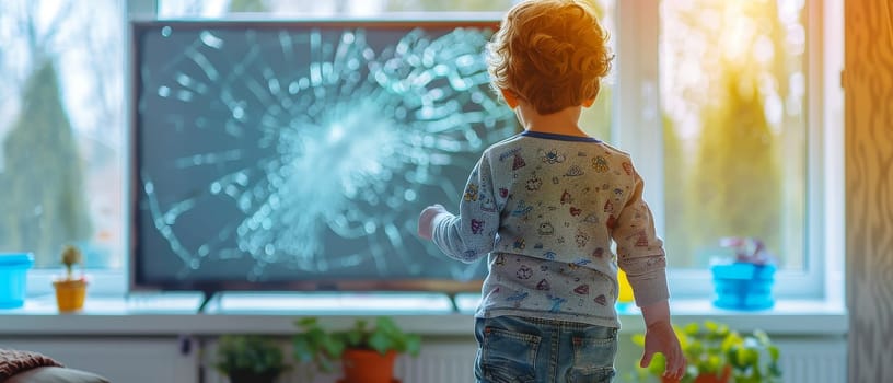 A young child stands before a shattered television screen, his silhouette backlit by daylight. The scene evokes a sense of shock and the unexpected consequences of play