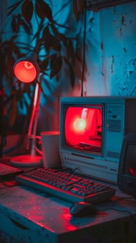 A retro computer screen glows with a captivating red hue, accompanied by a desk lamp in a room with ambient blue lighting and a touch of green from indoor plants