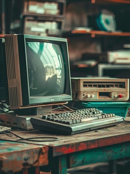 A classic computer system stands amidst a backdrop of vintage electronics, capturing the essence of early technological innovation in a rustic setting