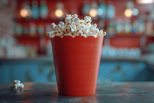 This image shows a red popcorn container sitting on a bar counter with a blurred background of a bar area. The container is full of popcorn and appears to be ready for movie night.