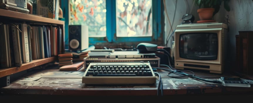 A vintage computer rests on a worn desk, surrounded by stacks of books and the tranquility of a scholar's nook, bathed in natural light from the window