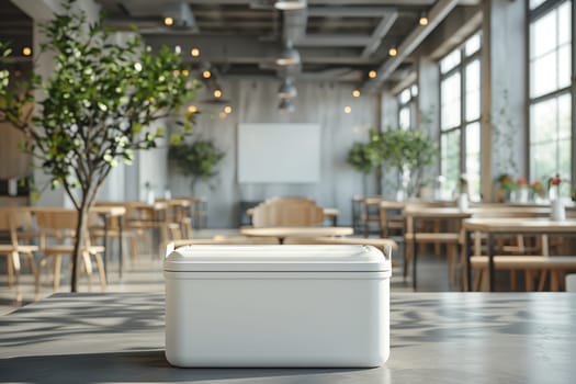 This image showcases a white cooler on a grey table in a modern cafe. The cafe has large windows that let in natural light, and there are several tables with chairs scattered throughout the space. The cooler is a simple, rectangular design with two handles. It is situated in the foreground of the image, with the cafes interior blurred in the background. The image creates a sense of calm and minimalist style.