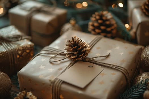 A close-up photograph captures a beautifully wrapped gift box decorated with a pine cone. The box is wrapped in brown paper with gold stars and tied with twine. The pine cone sits on top of the gift, adding a touch of rustic charm.