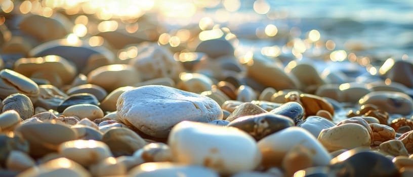 The golden light of sunrise reflects off a shore rich with glistening pebbles, creating a tranquil ambiance. The image captures the fleeting beauty of nature's quiet moments