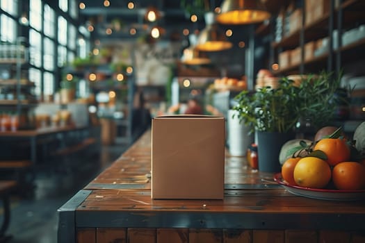A cardboard box sits on a wooden table in a cafe setting with a blurred background. The box is in the center of the image, with a variety of citrus fruits, plants, and light fixtures in the background.