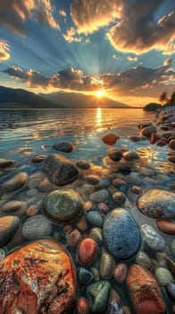 Sun rays pierce through clouds above a lakeside, casting a golden reflection over the water and smooth stones. The scene captures the tranquil end of a day in nature's embrace