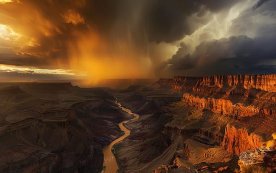 A storm graces the Grand Canyon at sunset, its rain showers illuminated by sunbeams, creating a dramatic interplay of light and shadow over the ancient landscape