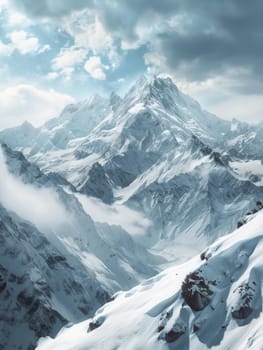 Clouds weave through the sharp ridges of a majestic mountain range, with sunlight casting ethereal glows on the snow-covered peaks. The scene evokes a sense of serene grandeur
