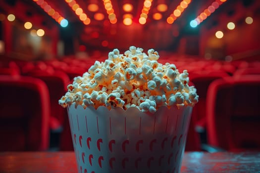 This image shows a bucket of popcorn sitting on the armrest of a movie theater seat. The red seats and the blurred background suggest that the theater is full and a movie is playing. The popcorn is fresh and fluffy, and it looks like the perfect snack to enjoy while watching a film.