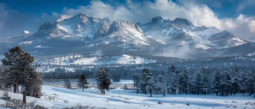 A serene winter landscape showcases majestic snow-capped mountains under a clear blue sky, while the surrounding pine forest and field lay blanketed in fresh snow. The scene captures of nature