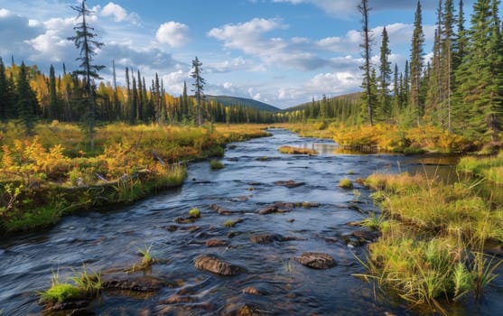 A flowing boreal river cuts through a landscape ablaze with autumn colors, under a sky of scattered clouds, highlighting the dynamic transition of seasons in the wild