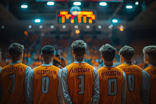 A basketball team stands in a row, facing away from the camera, in a dimly lit gymnasium. They are wearing orange jerseys with white numbers and the players last names on the back. The players are standing in front of a large scoreboard, which is illuminated with bright, white lights. The gymnasium is filled with people, who can be seen in the blurry background, but the focus is on the team.