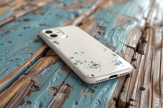 A white smartphone with a green splatter design rests on a weathered wooden surface. The wood shows signs of aging, with peeling blue paint and worn grooves. The smartphone lies on its back, with its camera lens and charging port visible.